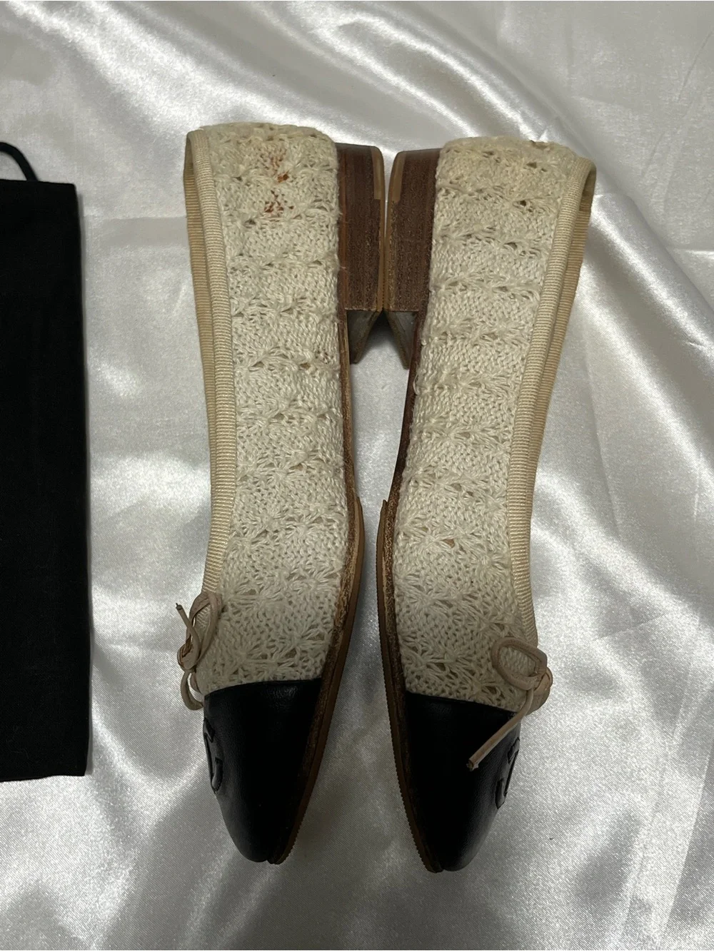 CHANEL Beige Tweed Flats with Black Cap Toe and Bow